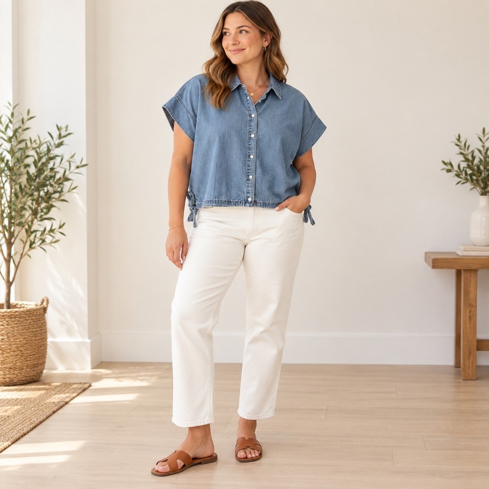 Madewell Denim Short Sleeve Tie Hem Button Down Shirt XL Blue Boho Minimalist